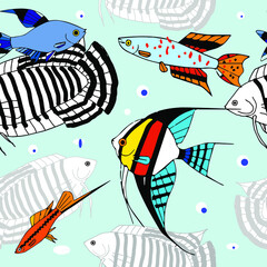 Graphic exotic fish in the sea. Seamless pattern. Vector version.
