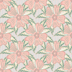 Wild meadow flower seamless vector pattern background. Hand drawn line art vintage backdrop with bouquets of flower heads and leaves. Pastel pink botanical floral repeat design. Elegant all over print