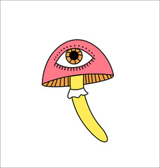 Retro drawing; magic mushroom, sticker in retro style. Print for clothes. Fashion vector illustration. Cartoon style.
