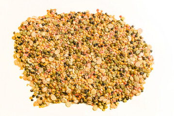 Lentils, oatmeal and other dry cereals, isolated on white.
