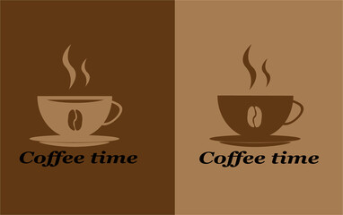 Classic silhouette a cup of coffee with saucer and coffee beans on a dark burgundy background.