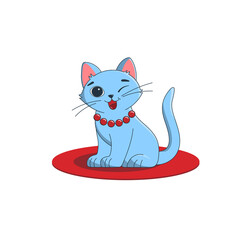 A beautiful blue cat in a red necklace winks merrily. Cartoon-style vector illustration
