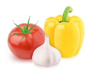 Vegetable composition: tomato, garlic and bell pepper on a white background.