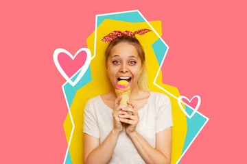 A young caucasian excited smiling blonde woman with a bow eats fruit ice-cream sorbet in a waffle cone on a bright colorful trendy abstact background. Art collage in magazine style. Summer concept - obrazy, fototapety, plakaty