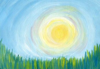 Sunny morning, gentle landscape with fog. Gentle sunset. Landscape painted with paints © Nat