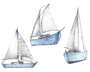 Watercolor illustration of a sailing ship on a white background