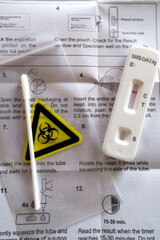 Rapid antigen test kit on the instructions background