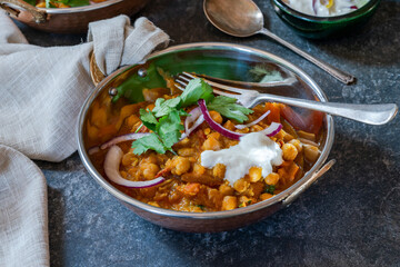 Chickpea curry with red onion raita