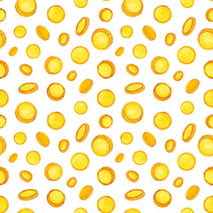 Watercolor seamless pattern gold coins. Money symbol. Hand drawn illustration on white background.