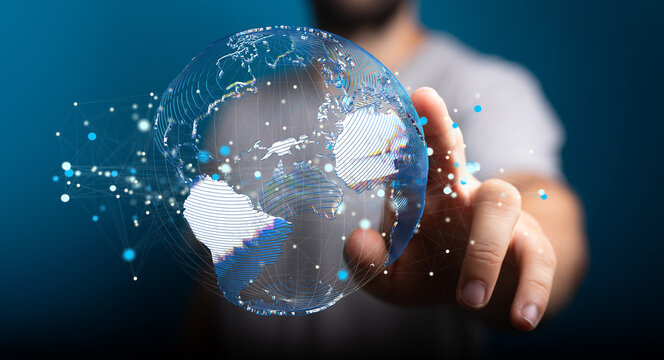 Digital hologram of the Earth with satellites on orbit. Digital globe with statistics data global