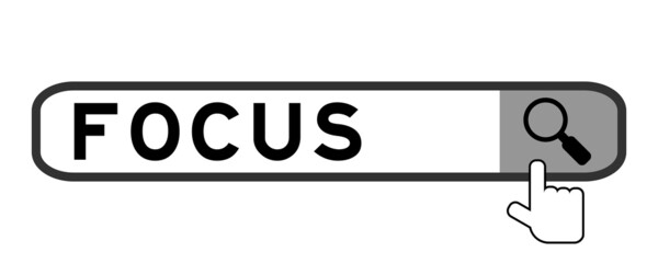 Search banner in word focus with hand over magnifier icon on white background