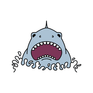 Shark mouth, vector illustration, flat line, water splash, red, blue
