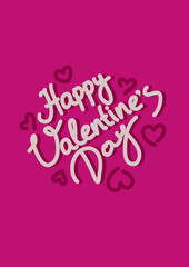 Happy valentine's day card with handwritten lettering and hearts on pink background.
