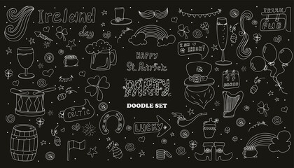 St. Patrick s Day set with hand-drawn icons. A doodle of beer, Ireland, pub, party, bar. Template for a postcard, invitation, advertisement or banner for the Irish holiday of March 17. Vector