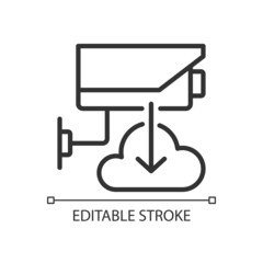 CCTV and phone connection pixel perfect linear icon. Wireless access to security camera recording. Thin line illustration. Contour symbol. Vector outline drawing. Editable stroke. Arial font used