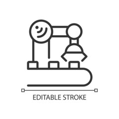 Industry equipment control pixel perfect linear icon. Remote machinery operating. Internet of Things. Thin line illustration. Contour symbol. Vector outline drawing. Editable stroke. Arial font used