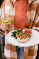 Italian bruschetta with meat and vegetables