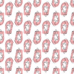 Surreal Faces One Line Seamless Pattern . Abstract Minimalistic Art design for print, cover, wallpaper, Minimal and natural wall art. Vector illustration on white background.