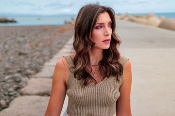 portrait of a beautiful woman in a nice dress with new hairs in funchal madeira portugal 