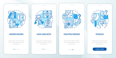 Escape room attributes blue onboarding mobile app screen. Puzzles walkthrough 4 steps graphic instructions pages with linear concepts. UI, UX, GUI template. Myriad Pro-Bold, Regular fonts used