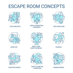 Escape room turquoise concept icons set. Puzzle-solving adventure idea thin line color illustrations. Have fun. Isolated symbols. Editable stroke. Roboto-Medium, Myriad Pro-Bold fonts used