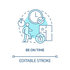 Be on time turquoise concept icon. Escape room strategy abstract idea thin line illustration. Arriving at right time. Isolated outline drawing. Editable stroke. Arial, Myriad Pro-Bold fonts used