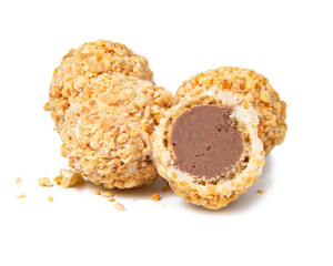 Peanut wafer balls half with filling cream sweet isolated on the white background