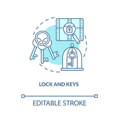 Lock and keys turquoise concept icon. Escape room abstract idea thin line illustration. Opening doors and chests. Isolated outline drawing. Editable stroke. Arial, Myriad Pro-Bold fonts used