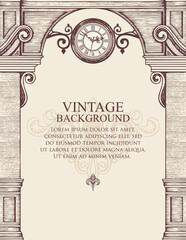 Vintage background or frame for certificate or diploma in the form of a building facade. Vector illustration with a hand-drawn medieval arch, round street clock and place for text on a beige backdrop
