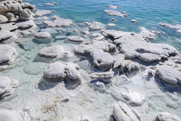 View of the beautiful patterns of the salt formations of the Dead Sea. Salt mushrooms