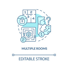 Multiple rooms turquoise concept icon. Escape room aspect abstract idea thin line illustration. Walking through labyrinth. Isolated outline drawing. Editable stroke. Arial, Myriad Pro-Bold fonts used