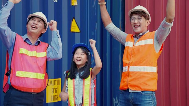 Grandfather took his son and grandchildren to see own business family at container site. Business support logistics cargo freight ship transportation, transport - importing goods internationally.