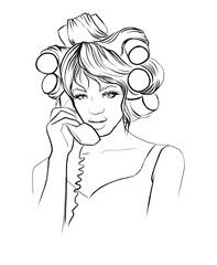 Portrait of a young woman in curlers and underwear. The girl is holding a retro-style handset in her hand. Black and white illustration