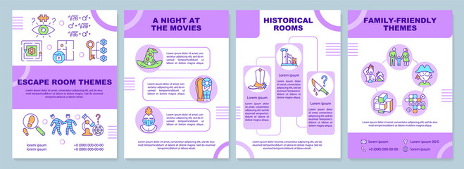Escape room themes purple brochure template. Night at movies. Leaflet design with linear icons. 4 vector layouts for presentation, annual reports. Arial-Black, Myriad Pro-Regular fonts used