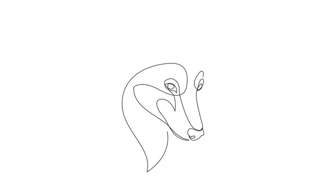 Self drawing simple animation of single continuous one line drawing of wolf. Drawing by hand, black lines on a white background.