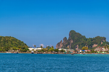 Beautiful Andaman sea, Tropical Turquoise clear blue sea background at tonsai beach dock, phi phi...