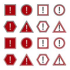 Collection of Road Signs.Danger red icons. Different geometrical figures.  Information symbols. Vector illustration. Stock image.