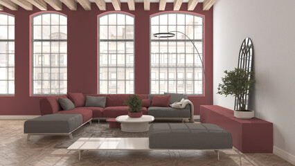 Modern living room in vintage apartment in beige and red tones with big old window, sofa with pillows, carpet, table. Classic parquet floor, wooden roof beams, interior design idea