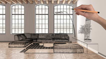 Empty white interior with parquet and wooden roof beams, hand drawing custom architecture design, black ink sketch, blueprint showing modern living room, concept, mock-up, idea