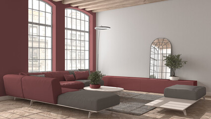 Modern living room in vintage apartment in beige and red tones with big old window, sofa with pillows, carpet, table. Classic parquet floor, wooden roof beams, interior design idea