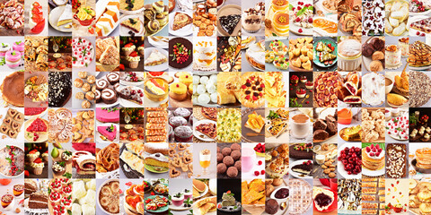 Big collage with desserts.  Sweet food: muffins, cakes, pastries, pancakes, ice cream.