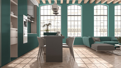 Fototapeta na wymiar Modern kitchen and living room in vintage apartment in beige and turquoise tones with windows, sofa with table, island with chairs. Classic parquet, wooden roof beams, interior design