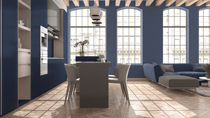 Modern kitchen and living room in vintage apartment in beige and blue tones with big windows, sofa with table, island with chairs. Classic parquet, wooden roof beams, interior design