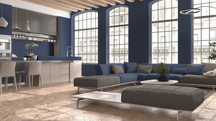 Modern kitchen and living room in vintage apartment in beige and blue tones with big windows, sofa with table, island with chairs. Classic parquet, wooden roof beams, interior design