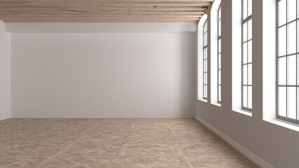 Empty room interior design, open space with big panoramic wooden arched windows, classic vintage parquet wooden floor, wooden roof beams, white walls, modern architecture idea