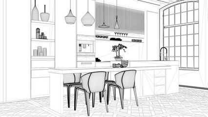 Blueprint project draft, modern kitchen with island in vintage apartment with big windows, dining table with chairs, pendant lamps. Classic parquet, wooden roof beams, interior design