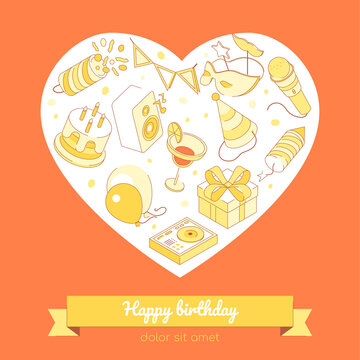 Happy birthday - modern isometric colorful heart shaped banner