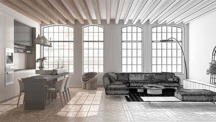 Architect interior designer concept: hand-drawn draft unfinished project that becomes real,...