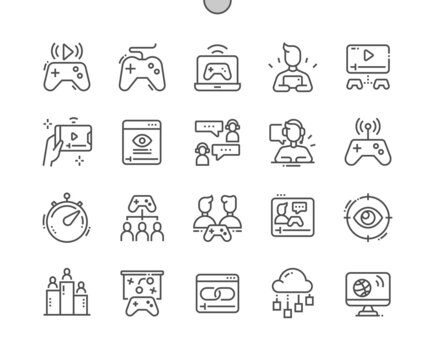 Streaming. Gamepad. Live links. Viewers. Online streaming. Entertainment. Pixel Perfect Vector Thin Line Icons. Simple Minimal Pictogram