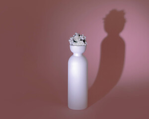 White vase with roses, small roses in a white vase, shadow of a man in a hat in a composition with a vase and roses, white vase with white roses, decoration, imitation and play with light